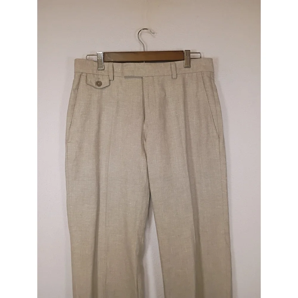Coastal Old Money Kenneth Cole Reaction Mens 30x30 Beige Linen Blend Trousers